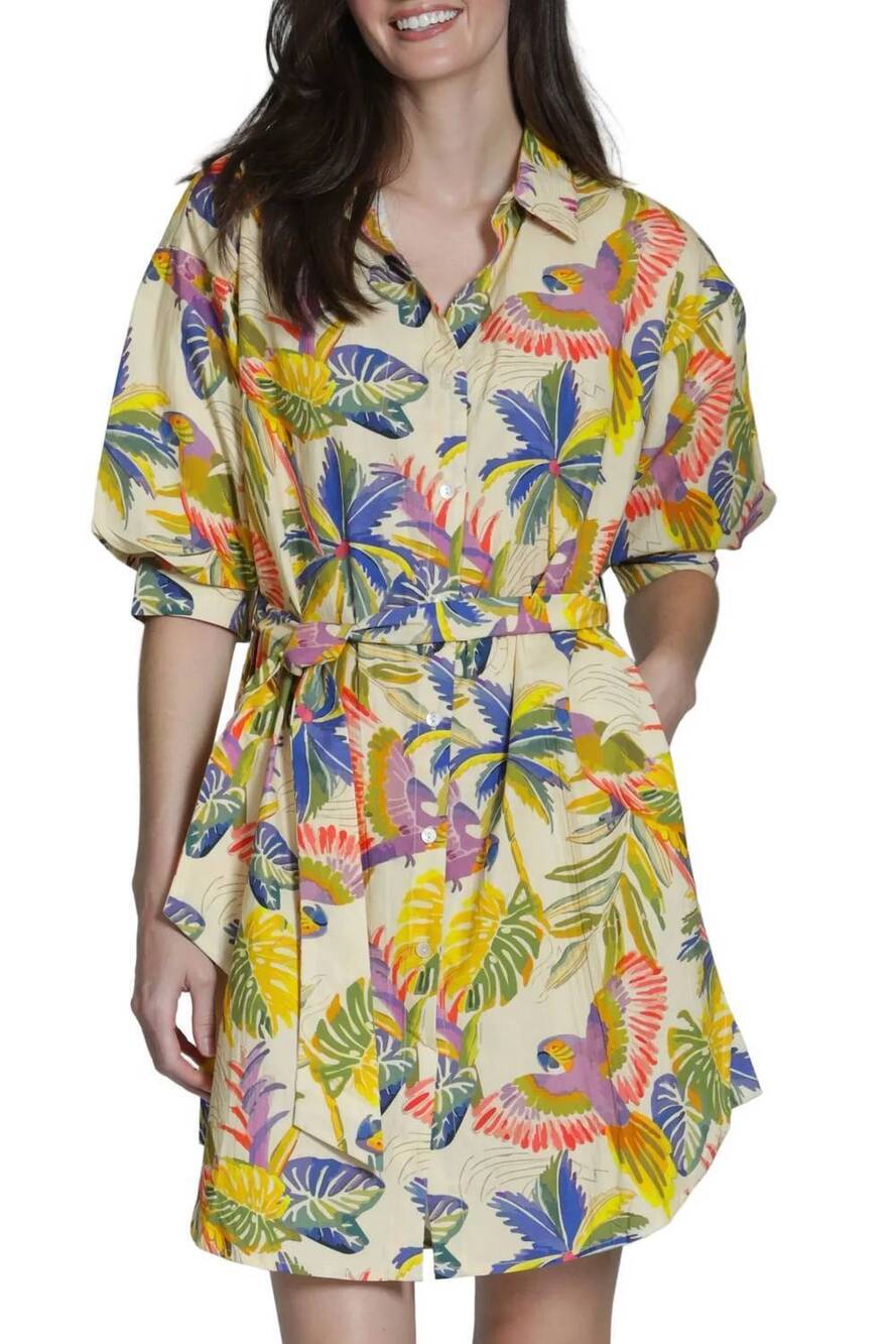 NEW APNY belted dress with puff sleeves in blue/olive multi